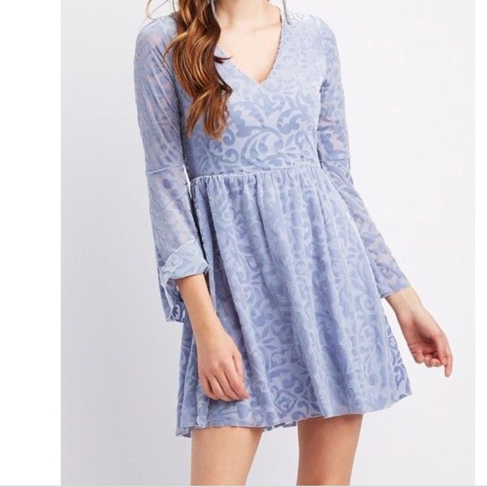 NEW light blue bell sleeve paisley velvet dress